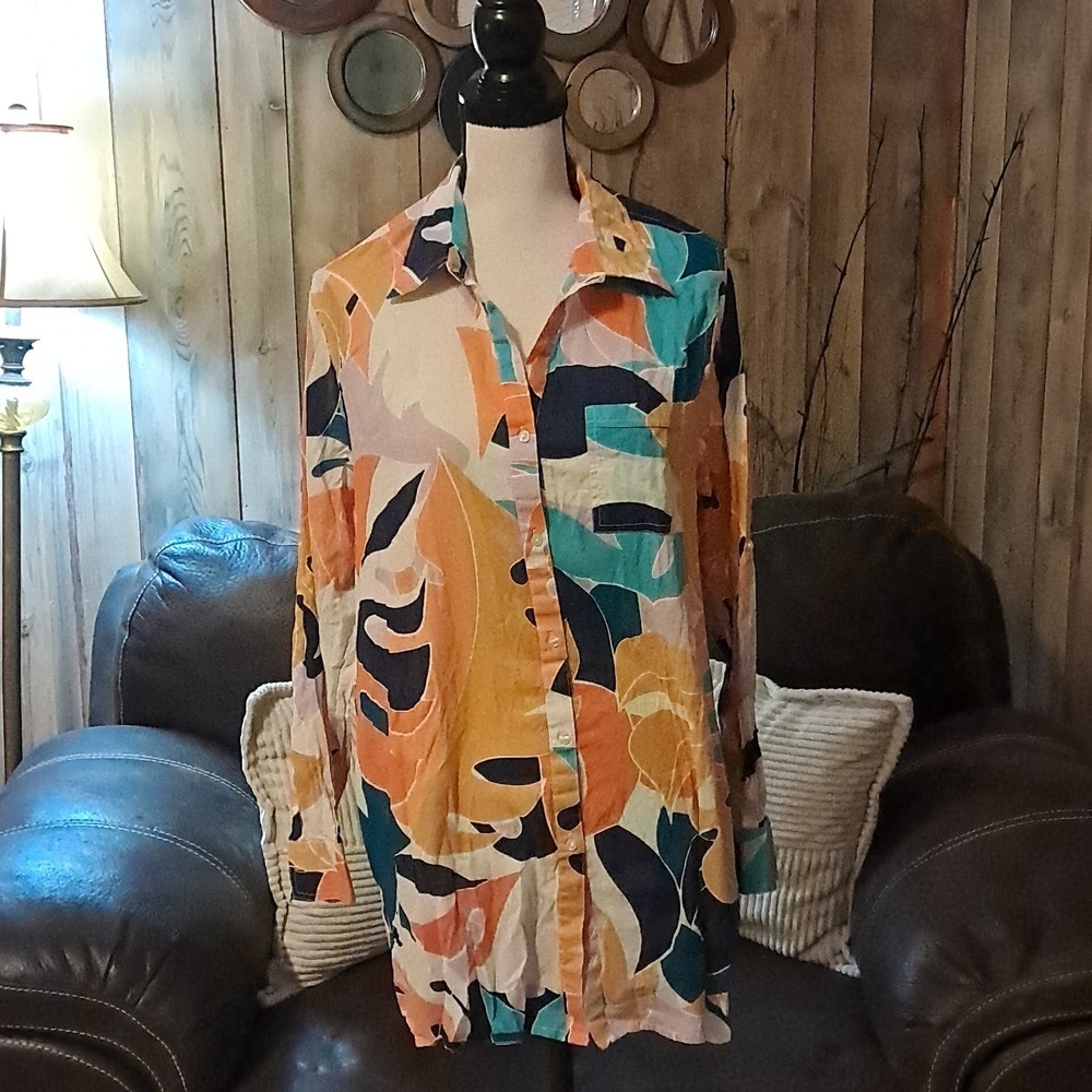 True Destinations Colorful Geometric Long Sleeve Shirt Cover Up Size L